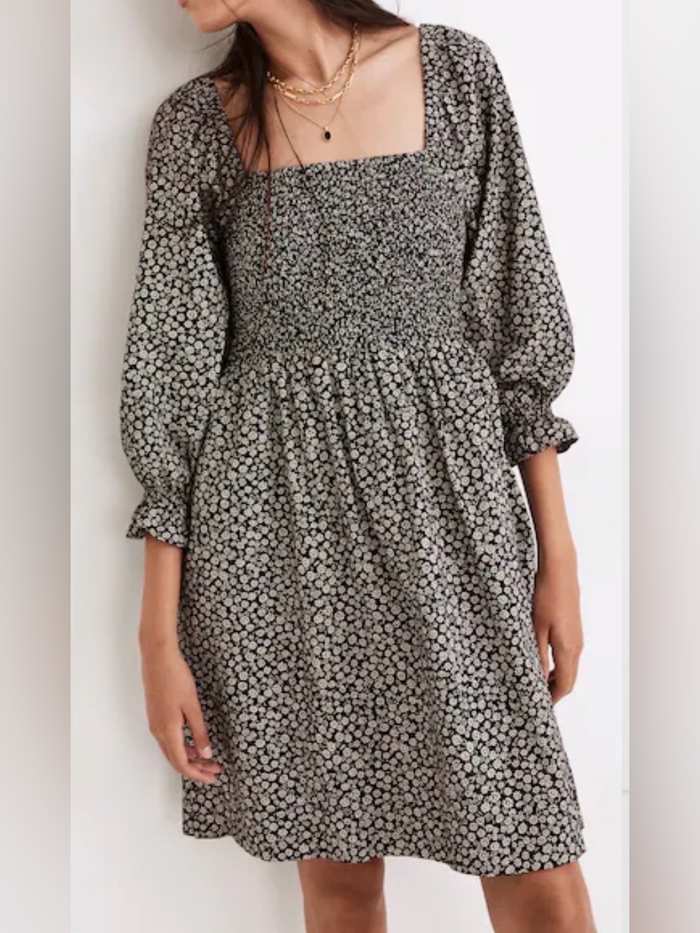 Madewell Lucie Elbow-Sleeve Smocked Floral Mini Dress in Parisian Ditsy Size XS